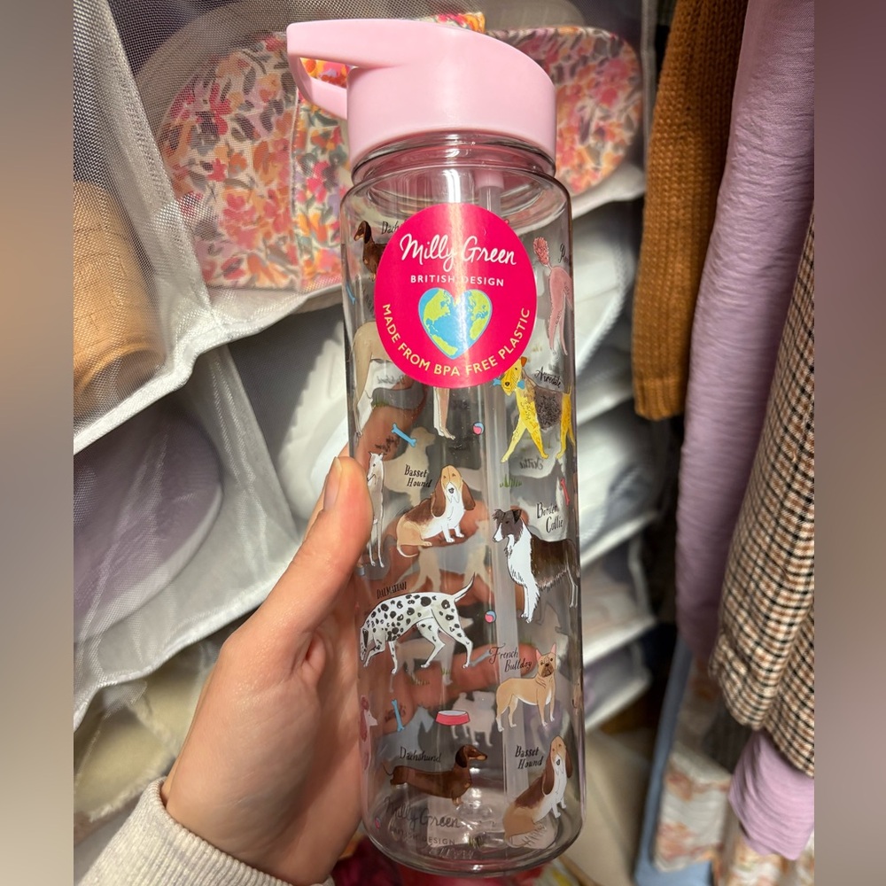 New Milly Green British Design Dog Breeds Clear Pink Lid Straw Water Bottle